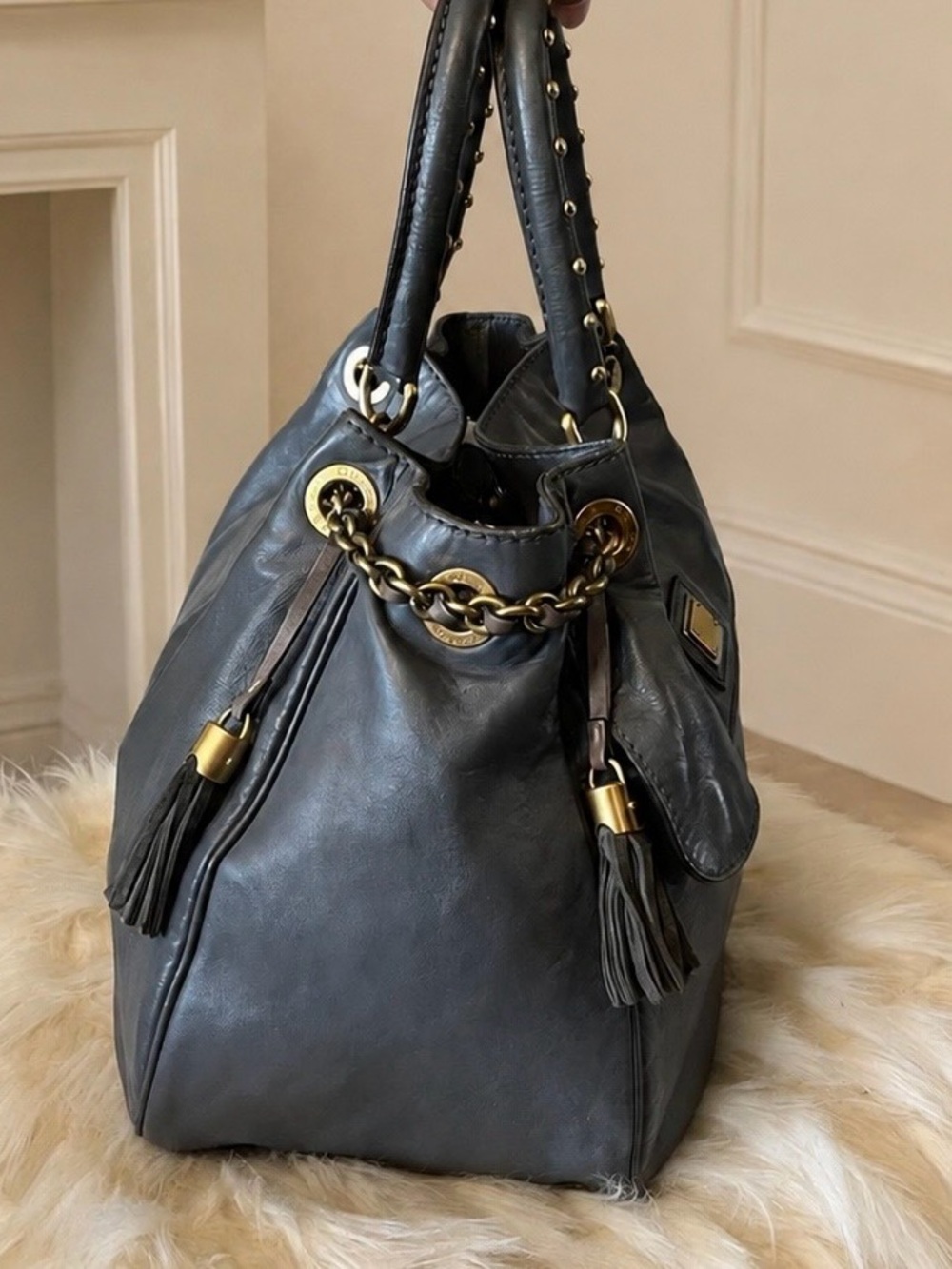 Dolce & Gabbana Gray Leather Shoulder Bag with Tassels - Picture 4 of 5